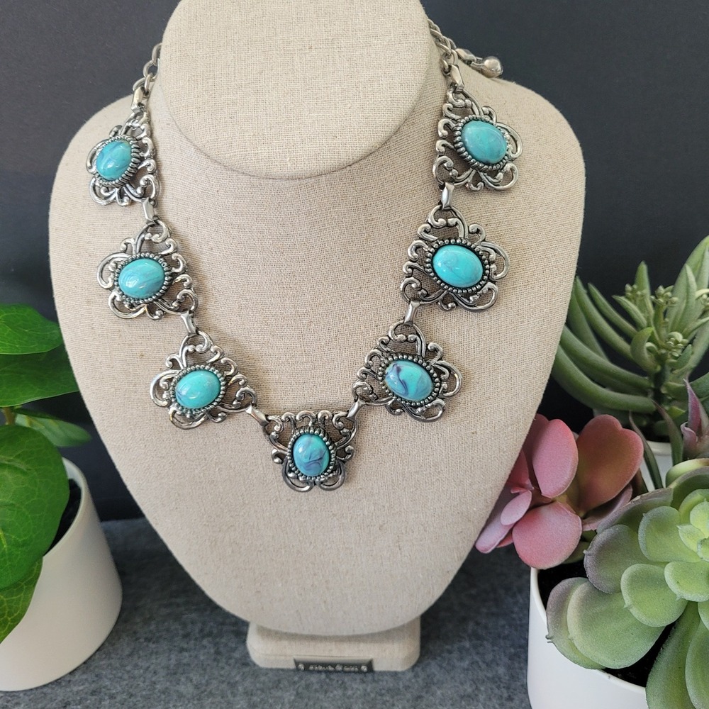 Southwestern Blue Cabochon Openwork Statement Necklace Silver Tone 17in